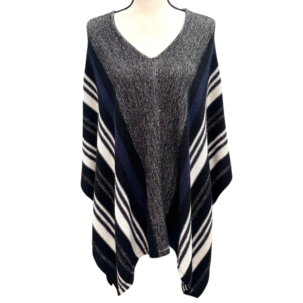 SANDRO WOOL KNIT BLACK, CREAM, BLUE & GRAY STRIPED PONCHO SWEATER